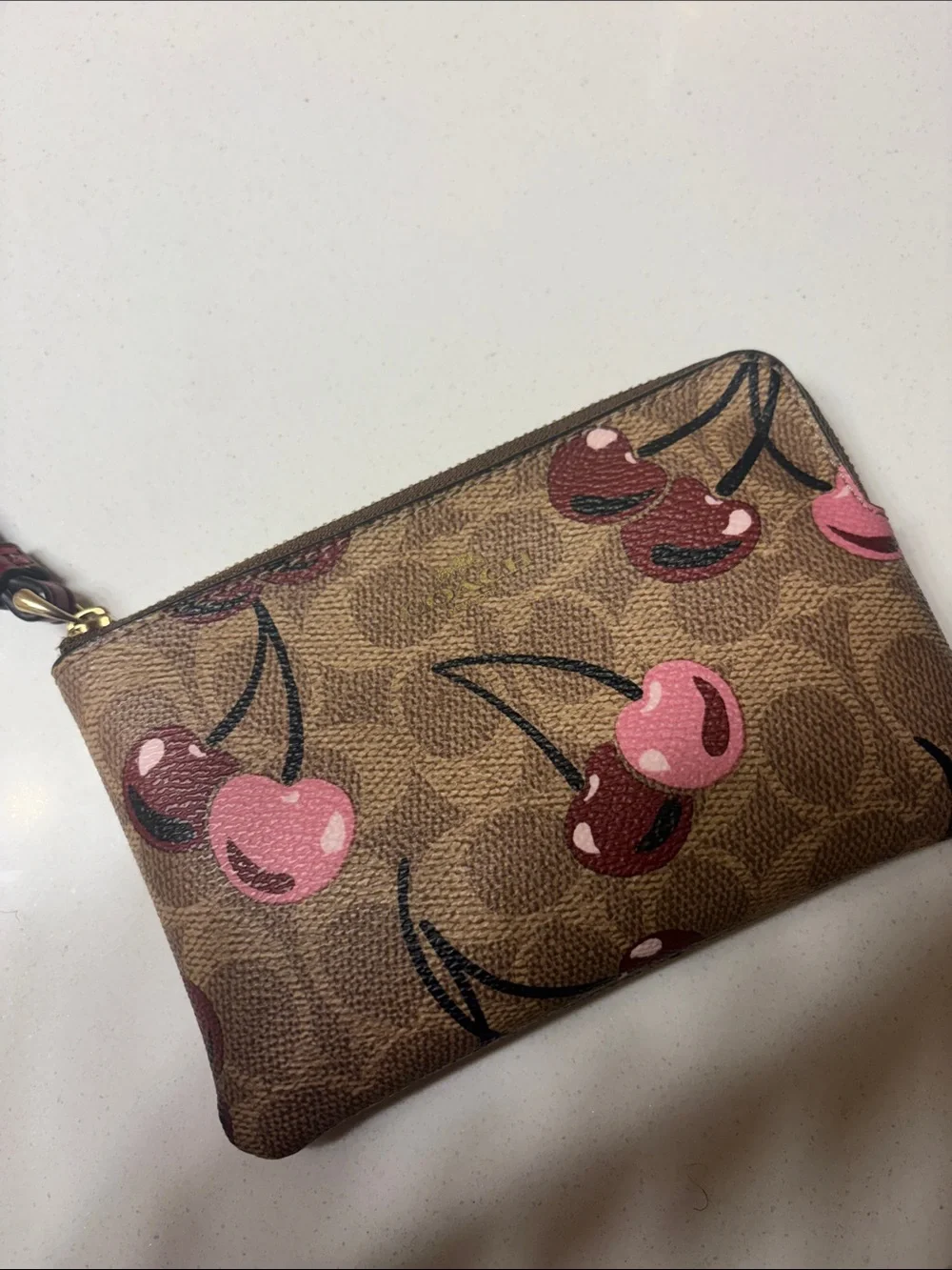 Coach Brown Signature Cherry Print Wristlet Pouch